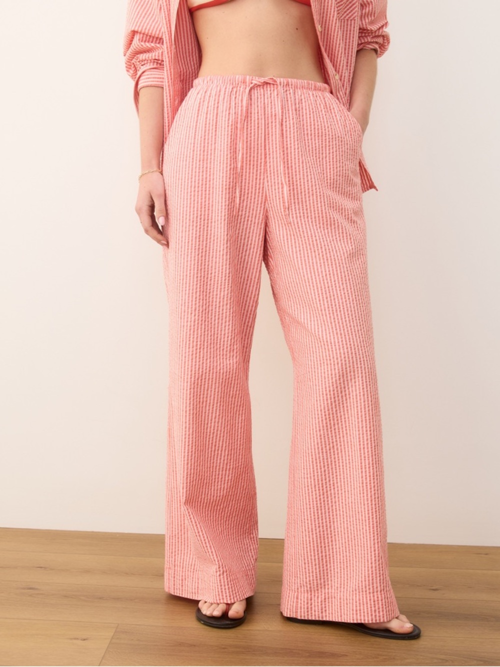 NWT Marine Layer Seersucker Wide Leg Pants in Hibiscus/Sand Strip size Large